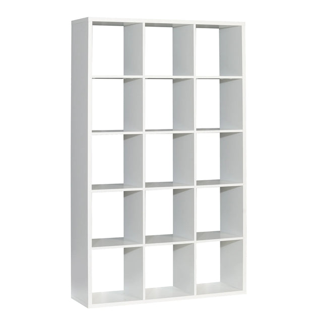 Mauro 3x5 white cubed shelving unit with fifteen open square compartments