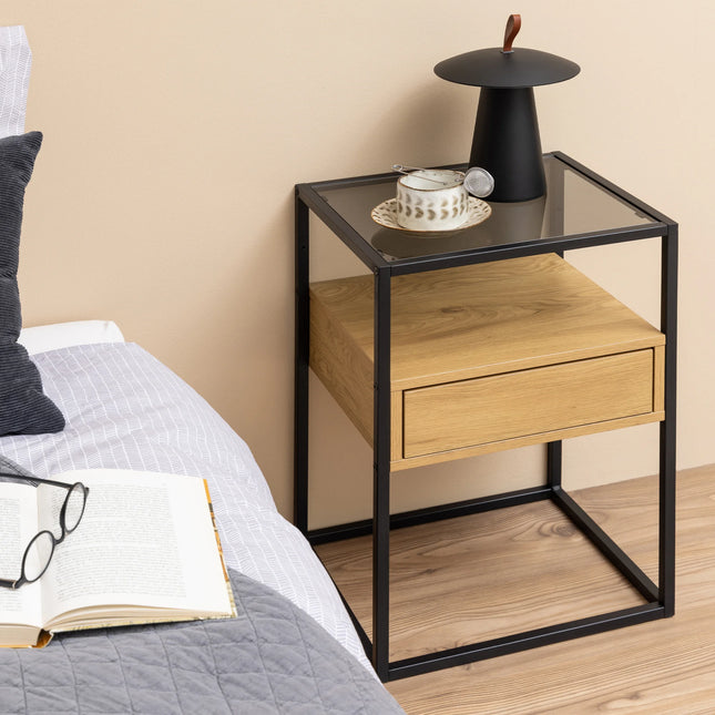 Randolf - Square Bedside Table with 1 Drawer in Black and Oak