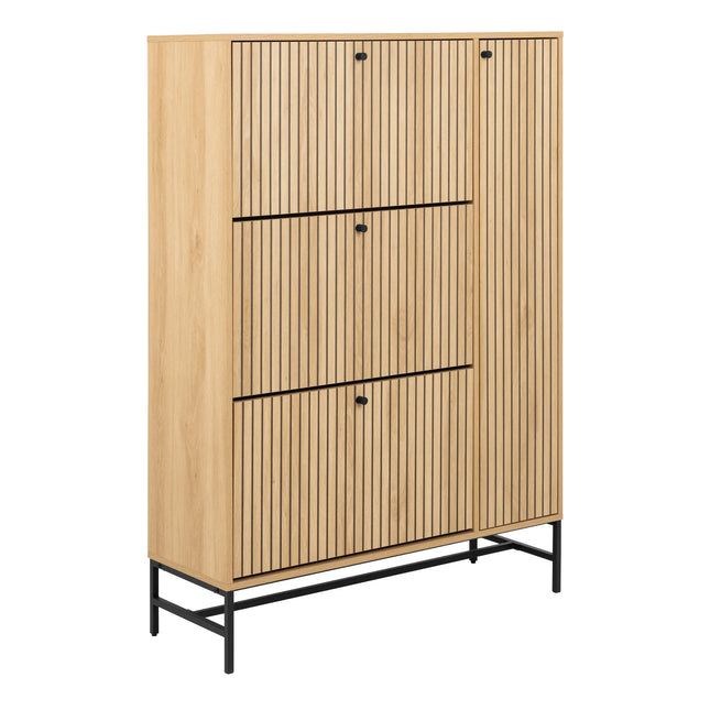 Albany shoe cabinet in oak-effect with vertical slat doors and black metal legs