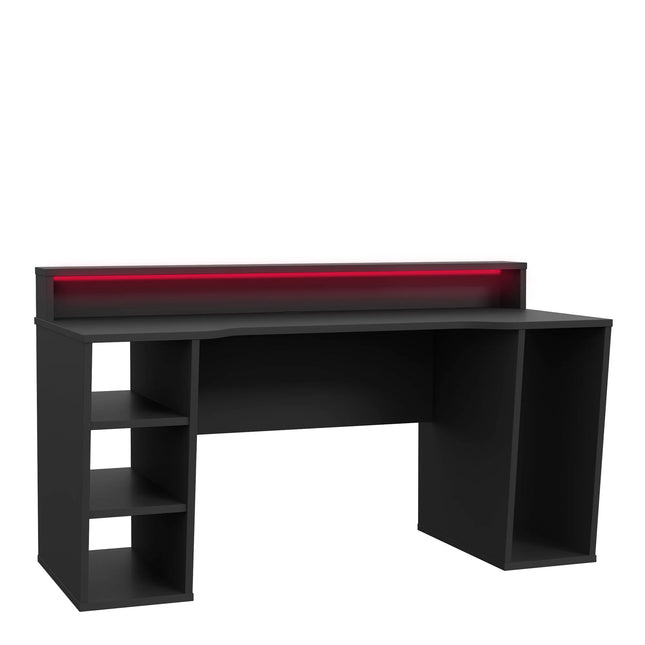 Tezaur black gaming desk with raised rear shelf, red LED strip and left-side cubby shelves