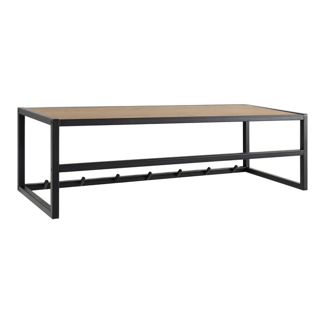 Seaford coat rack top shelf with black metal frame and light wood panel, lower row of angled coat hooks