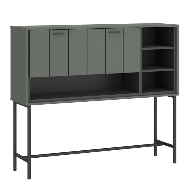 Arundel bar table in matte grey with slim black metal legs, flap doors and open cubby shelves