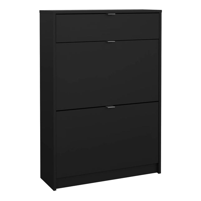 Black shoes cabinet with two flip-down compartments, single top drawer and slim metal handles