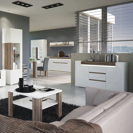 Toronto - Wide 4 Door 2 Drawer Sideboard (inc. Plexi Lighting) In White and Oak