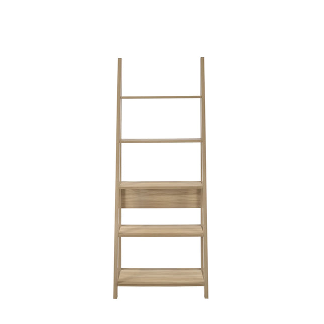 Riva bookcase ladder-style frame with three open shelves and a central drawer in light oak finish