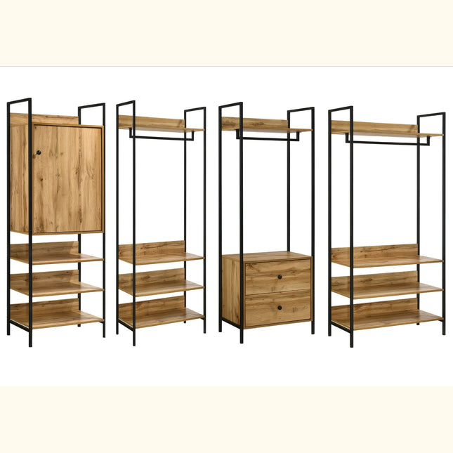 Zahra four-section open wardrobe set with oak-effect shelves, black metal frame and two drawer module