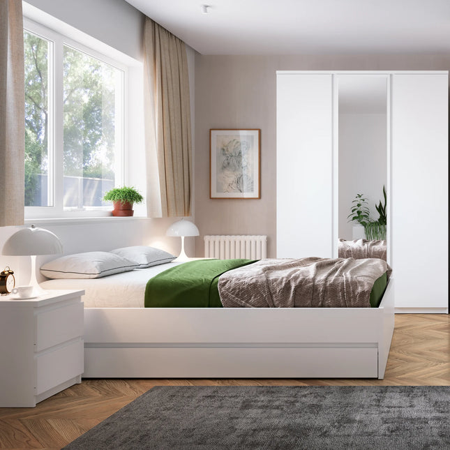 Fribo bedside cabinet in alpine white, two stacked drawers beside bed