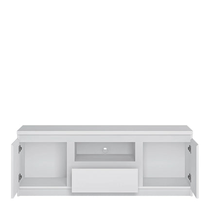 Fribo cabinet internal storage layout with central open shelf, cable hole and two side cupboards