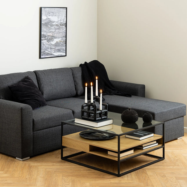 Randolf - Square Coffee Table with 2 Shelves in Black and Oak