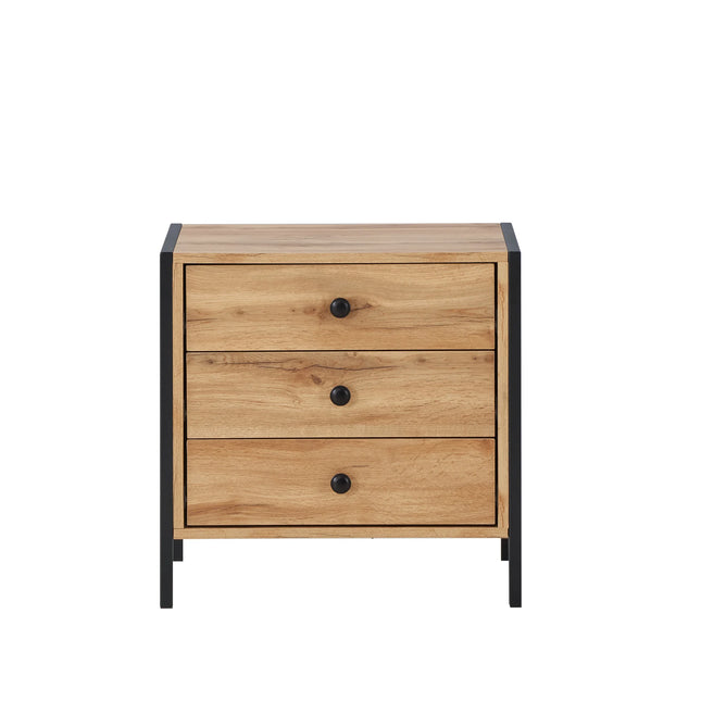Zahra bedside table drawer detail with oak-effect fronts and round black knobs