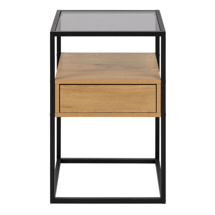Randolf - Square Bedside Table with 1 Drawer in Black and Oak