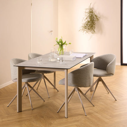Palermo Ceramic Dining Table Grey 160x90cm with 4 Ella Swivel Beige Chairs
