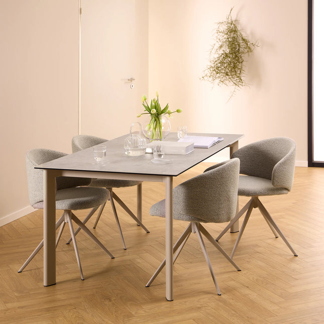 Palermo Ceramic Dining Table Grey 160x90cm with 4 Ella Swivel Beige Chairs