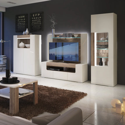 Toronto - Tall Narrow Glazed display cabinet with internal shelves (inc. Plexi Lighting) In White and Oak