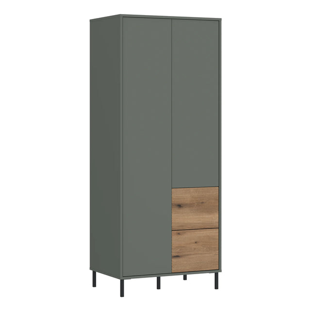 Darwin wardrobe in matte green with two doors, two oak-effect drawers and black legs