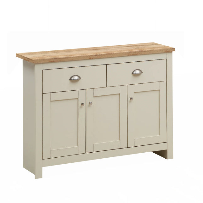 Lisbon storage cabinet with light oak top, cream painted frame, three doors and two top drawers