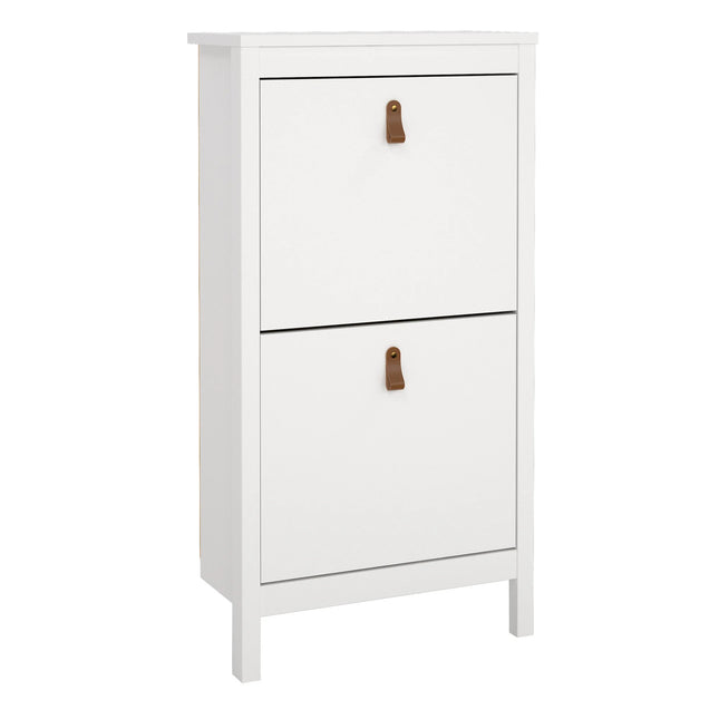 Barcelona shoe cabinet in white with two flap doors and leather loop handles