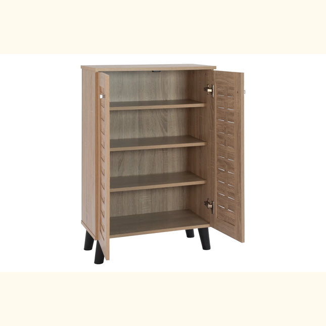 Open Essentials 3‑door shoe cabinet interior with four adjustable oak-effect shelves and black angled legs