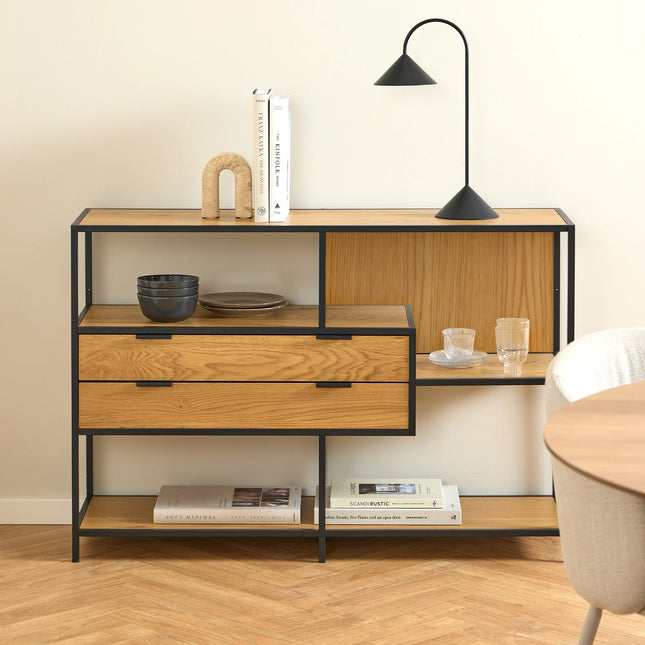 Seaford Wide Oak Metal Bookcase with 2 Drawers and 3 Shelves