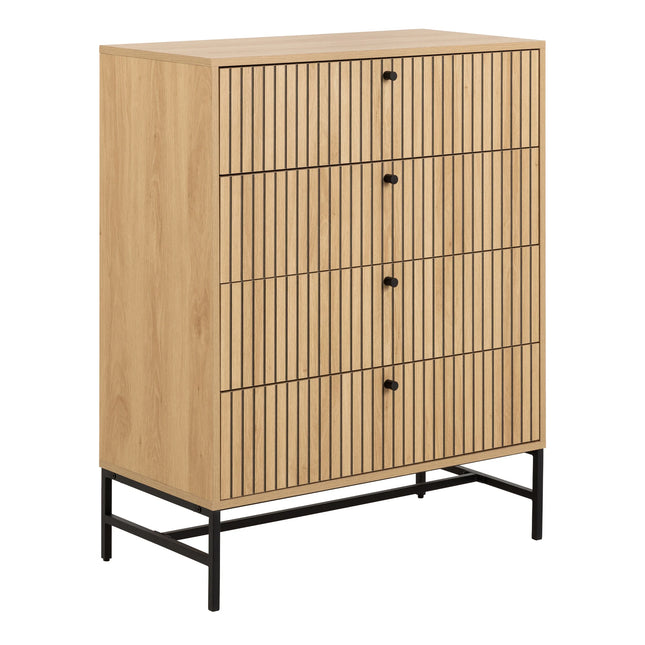 Albany chest of four drawers with oak-effect slatted fronts and black metal legs