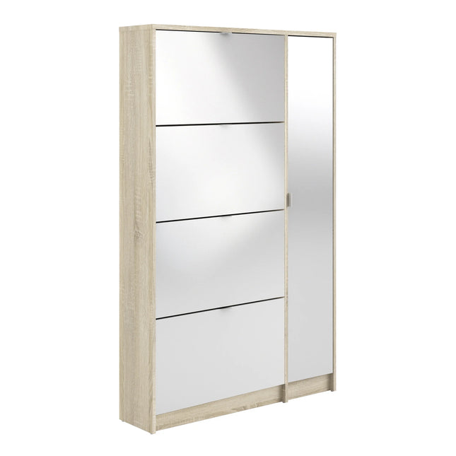 Tall shoe cabinet with light oak frame, four white tilting drawers and mirrored side door