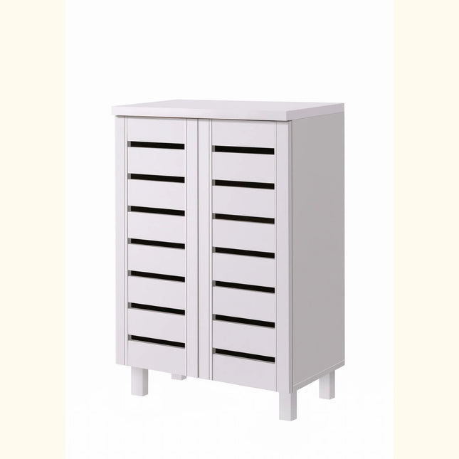 Essentials storage cabinet in white with two louvred doors and raised legs