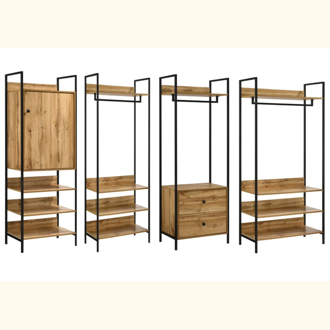 Four Zahra open wardrobe modules with black metal frames, oak-effect shelves and one drawer unit