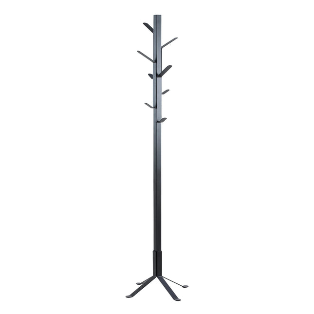 Vinson freestanding coat rail in matte black with six angled hooks and tripod base