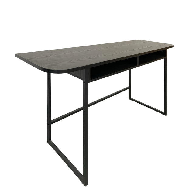 Darlington console table with dark oak top, slim black metal legs and open cubby shelf