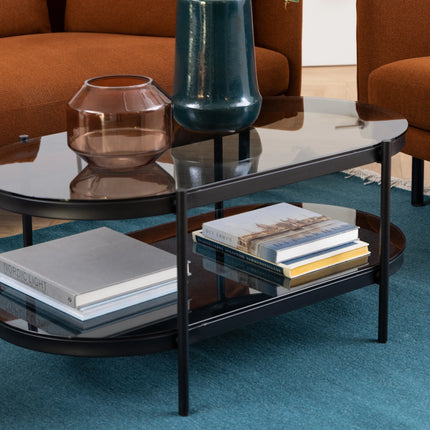 Bayonne Oval Coffee Table with Smoked Glass Top and Matte Black Base