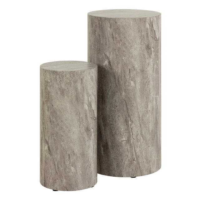 Dice Round Pedestal Set of 2 in Grey Marble & Travertine by Christina Aagaard