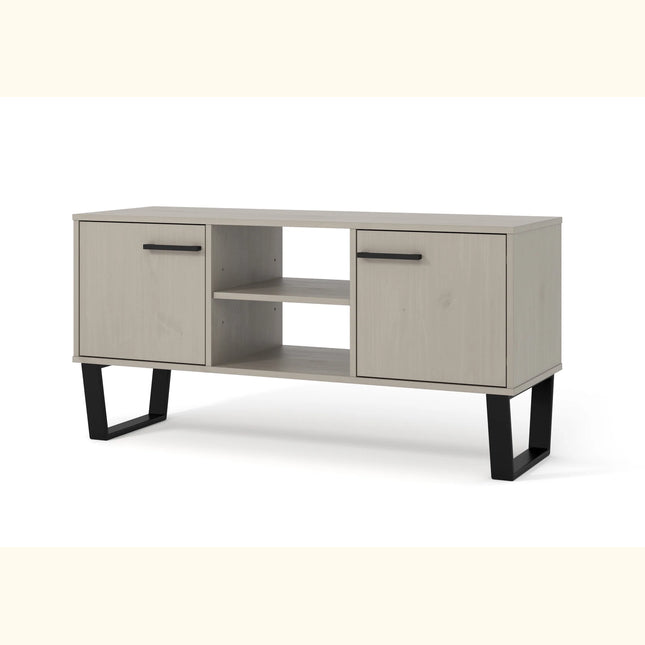 Texas TV unit in grey-waxed pine with two doors, central shelves and black metal sled legs