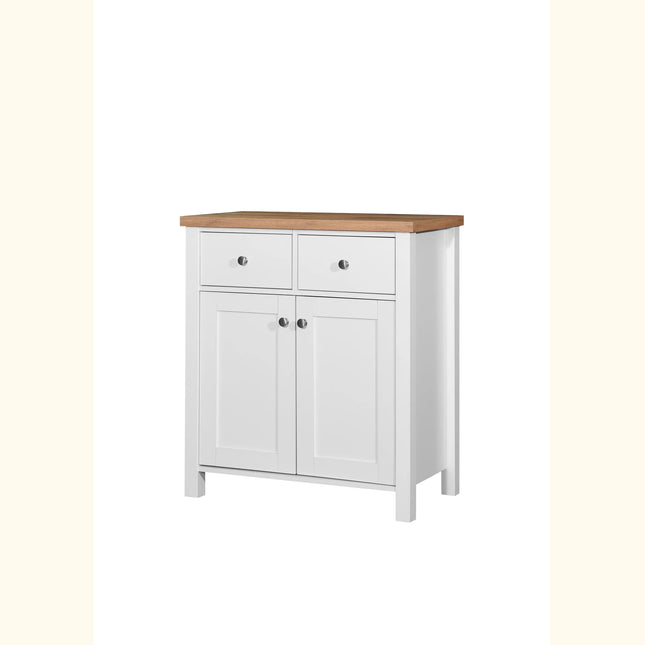 Astbury sideboard with white painted body, oak-effect top and two drawers over double doors