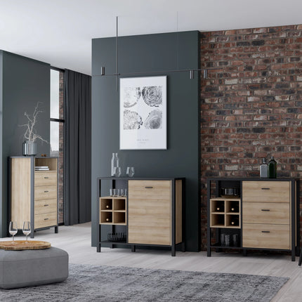 High Rock Chest of 4 Drawers in Matt Black and Riviera Oak