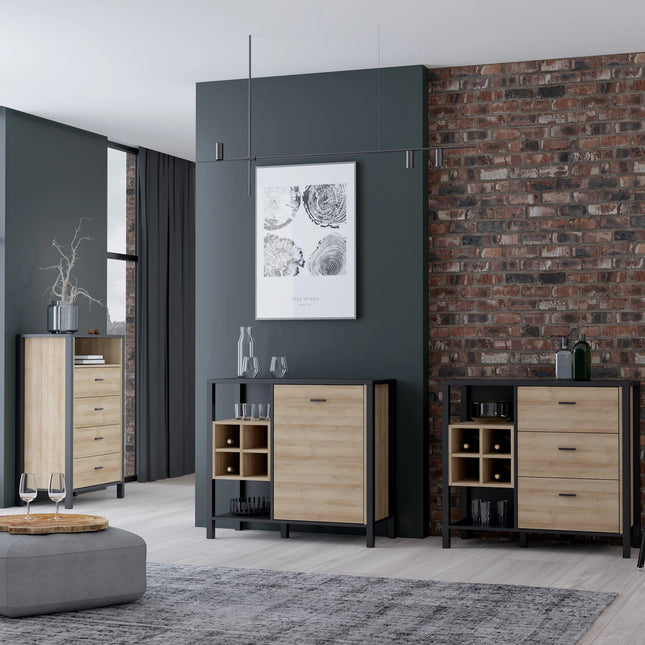 High Rock Chest of 4 Drawers in Matt Black and Riviera Oak