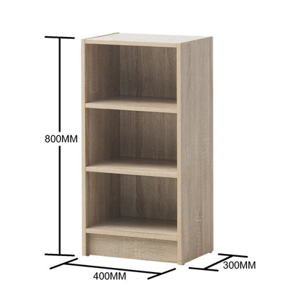 Light gray wood-grain bookshelf with three shelves essentials small narrow bookcase in six colours