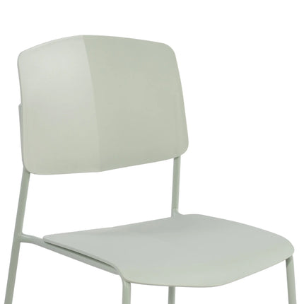 Close-up of pale sage Aspen dining chair plastic back and seat with metal frame