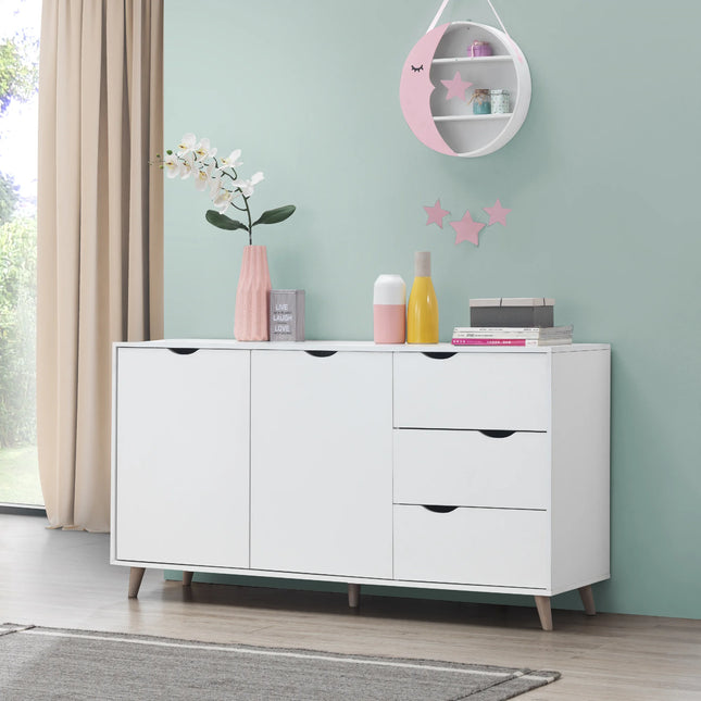 Pulford sideboard white finish with recessed curved drawer handles and angled wooden legs
