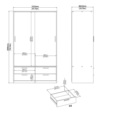 Line - Wardrobe with 2 Sliding Doors and 4 Drawers