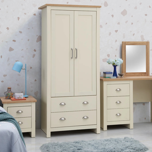 Lisbon wardrobe two-door cream fitted with oak-effect top and silver cup handles
