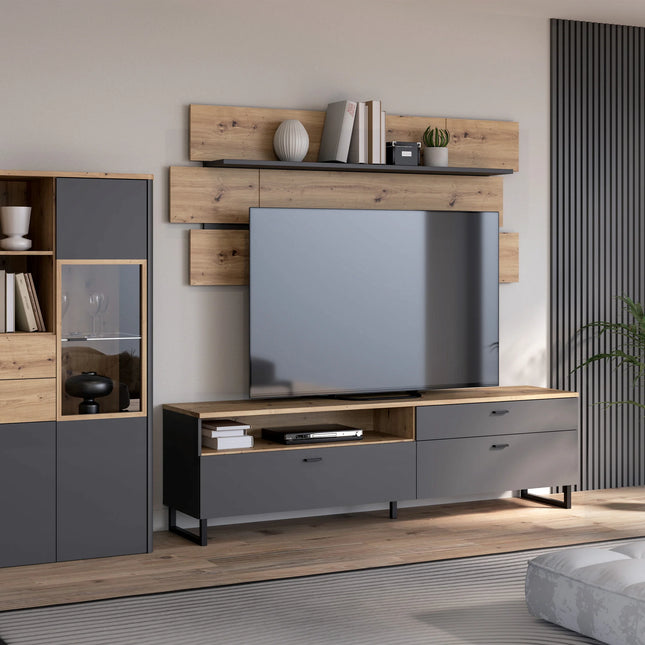 Klara TV Unit with Drawer and Flip Doors in Grey and Oak