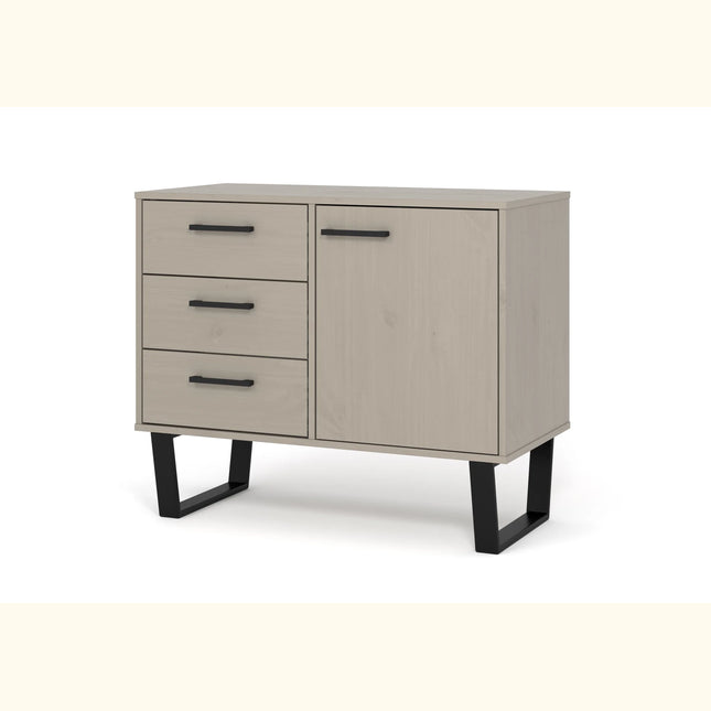 Texas sideboard in grey-waxed pine with three drawers, single door and black metal sled legs