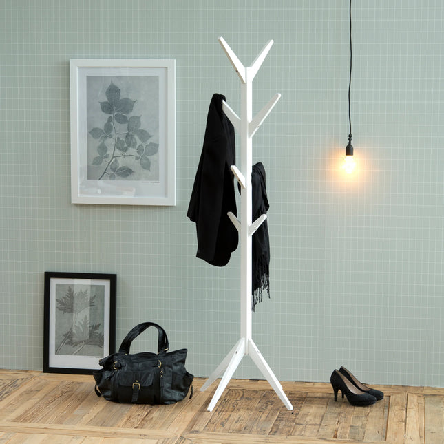 Close-up of Ascot Coat Hanger white painted wooden arms with jacket and scarf hanging