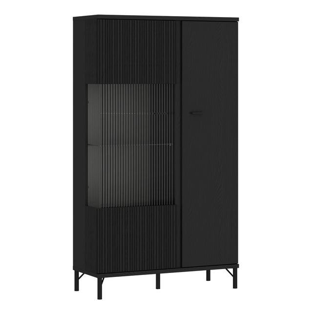 Avenale display cabinet in matte black with fluted glass door and slim metal legs