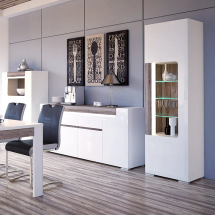 Toronto - Tall Narrow Glazed display cabinet with internal shelves (inc. Plexi Lighting) In White and Oak