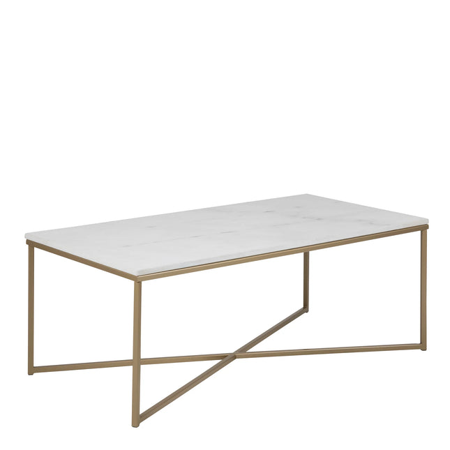 Alisma coffee table with white marble-effect top and slim gold metal frame
