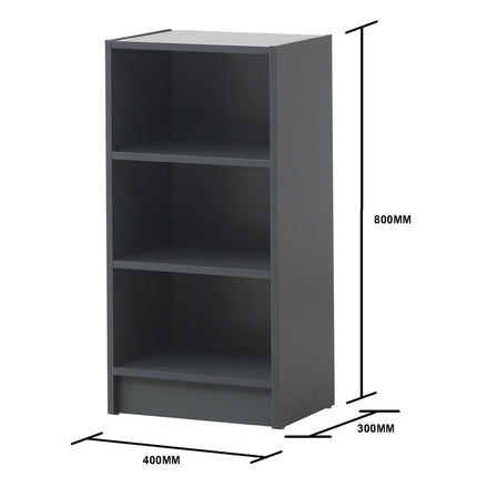 Dark gray minimalist Essentials small narrow bookcase with three shelves and clean lines in six colors