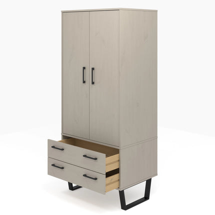 Texas - Wardrobe - 2 Door 2 Drawer Grey Waxed Pine & Metal Legs