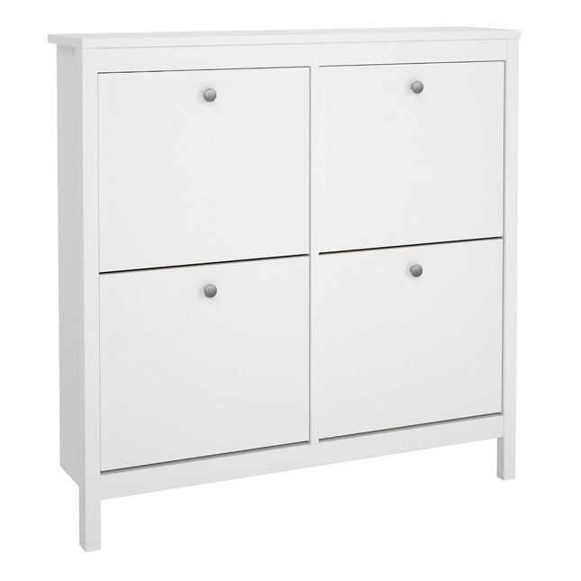 Madrid shoe cabinet in white with four drop-front compartments and round metal knobs