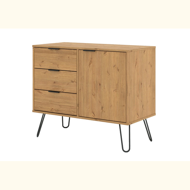 Augusta sideboard in light oak-effect finish with three left drawers, single right door and black hairpin legs